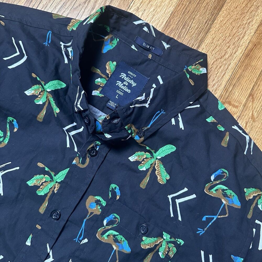 Artistry in Motion Shirt Mens L Button Down S/S Black‎ Flamingo Slim Fit NWT